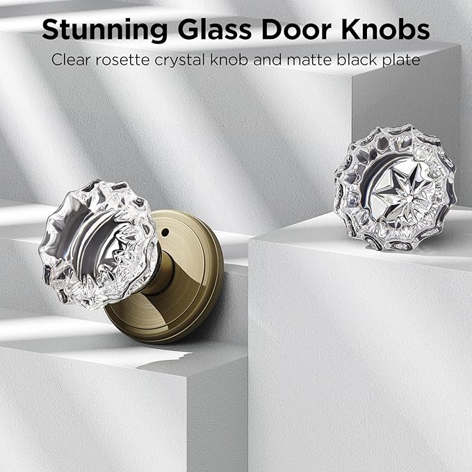 1 Pack Crystal Door Knob, Rosette Shaped Glass Door Knobs Interior with Lock, Antique Brass Door Knobs Interior Glass
