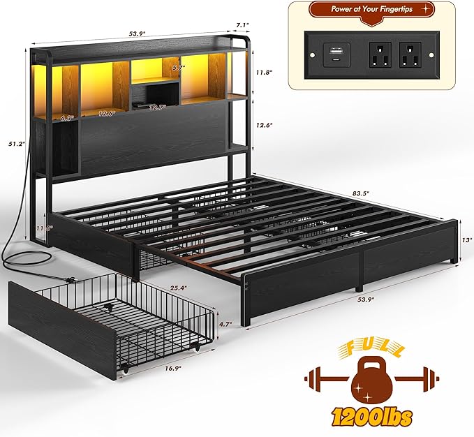 Full Size Bed Frame with Storage Headboard & 4 Large Drawers Bed Frame Full Size with 51" Tall Headboard 9 Compartments Led Lights & Charging Station,No Box Spring Needed, No Noise,Black