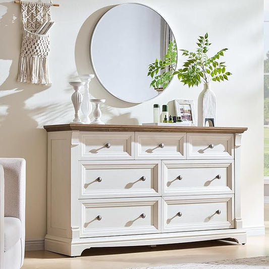 T4TREAM Farmhouse 7 Drawers Dresser for Bedroom, 54" Wide Wood Rustic Chest of Drawers w/Roman Column, Wooden Storage Dressers Organizer for Bedroom, Living Room, Closet, Antique White