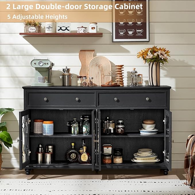 Large Sideboard Buffet Cabinet Set of 2 with Storage,59" Credenza with 4 Glass Doors & 2 Drawers,Adjustable Shelves Coffee Bar,Wood Kitchen Console Table for Dining Room,Black