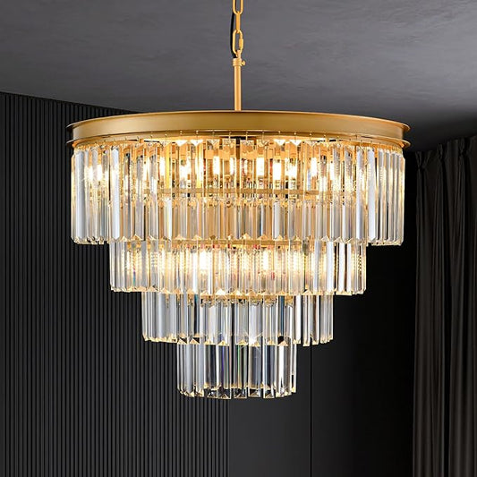 10-Light Gold Crystal Chandelier 4-Tier Luxury Pendant Lights 22.8" K9 Crystal Hanging Ceiling Light Fixture for Hallway Dining Room Living Room Bedroom Kitchen Island Stairway