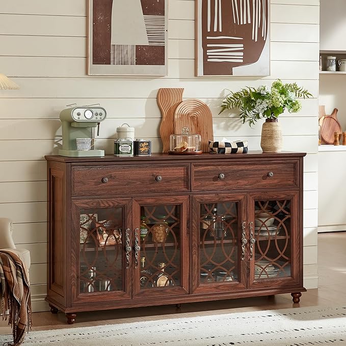 Large Sideboard Buffet Cabinet Set of 2 with Storage,59" Credenza with 4 Glass Doors & 2 Drawers,Adjustable Shelves Coffee Bar,Wood Kitchen Console Table for Dining Room,Brown