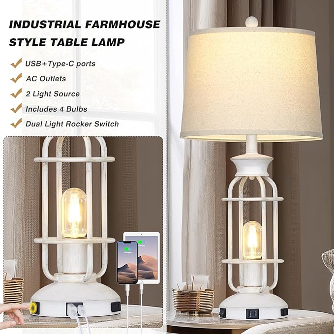 28" Vintage Table Lamps with USB C+A Ports & Outlet, Industrial Farmhouse Table Lamp for Living Room, Rustic Mid Century Modern Bedside Lamps with Nightlight & Beige Fabric Lampshade, Oil-Rubbed White