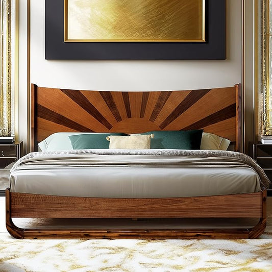 Sunset Deluxe Solid Acacia Wood King Size Platform Bed Frame with Tall Headboard, Mid-Century & Art Deco Design, No Box Spring Needed, Strong Wood Slat Support, Easy Assembly, Walnut