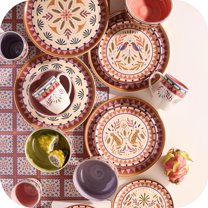 Corona 16–piece Colorful Wild Jungle Animals Inspired Ceramic Dinnerware Sets | Plates, Bowls and Mugs | Service For 4 | Selvatica