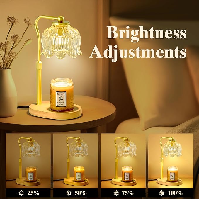CASTLELIFE Candle Warmer Lamp with Timer & Stepless Dimming, Height Adjustable Electric Wax Warmer for Jar Candles, Flower Wax Melter with Wood Base, Gifts for Women Home Decor, Natural Wood