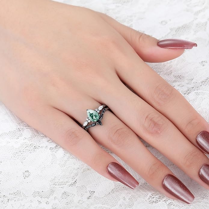 Black Gold Plated Natural Moss Agate Bridal Wedding Ring Sets for Women, 925 Sterling Silver Gothic Vintage Promise Rings and Eternity Black Spinel Band for Her - Boho Art Deco Platinum Plated Engagement Rings Size 4-9