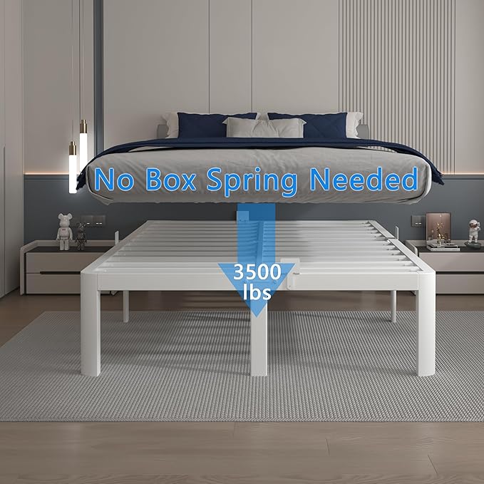 14 Inch King Size Bed Frame, White King Bed Frame with Metal Baffles, No Box Spring Needed, Heavy Duty Steel Platform Support, Round Corner Legs, Reserved Holes, Noiseless, Storage Space