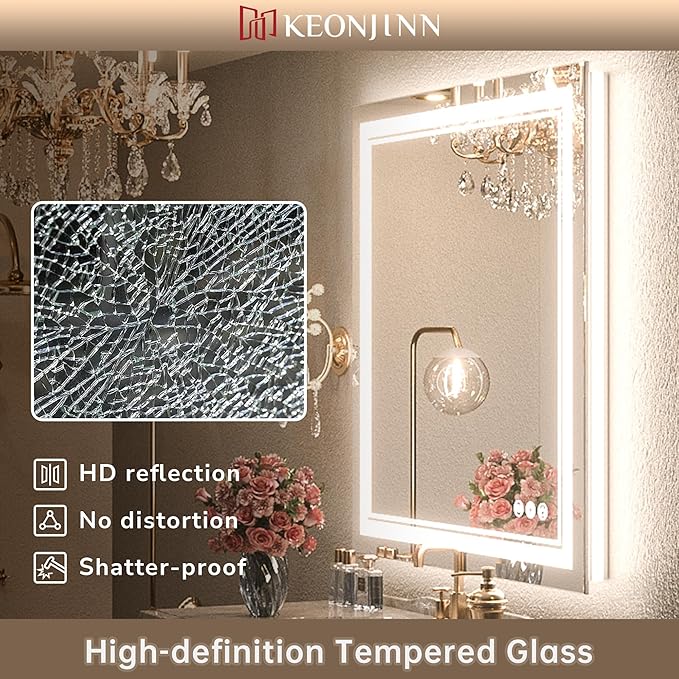 Keonjinn Bathroom Mirror with Lights 47.6" x 35.8" with Backlit and Front Light, Stepless 3 Colors Temperature Dimmable LED Bathroom Mirror, UL Listed LED Driver, Tempered Glass Lighted Vanity Mirror