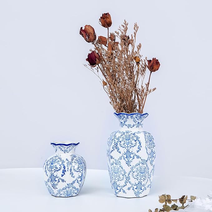 Chinoiserie vase, Blue and White Geometric Pattern Porcelain vase with Wavy Rim, Console Table Centerpiece, Floor Decor, entryway (Large, Mantangchun)