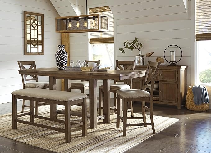 Signature Design by Ashley Moriville Rustic Farmhouse Counter Height Dining Extension Table, Separate Extension Leaves, Seats 8, Wood, 36" W x 86" D x 36" H, Brown