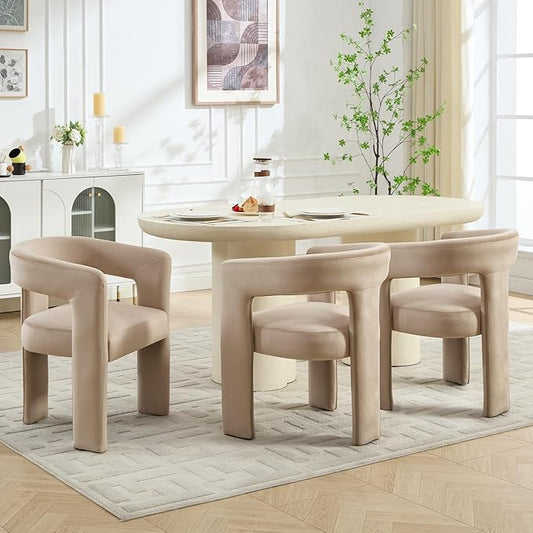Modern Barrel Dining Chairs Set of 3, No Assembly Velvet Upholstered Dining Room Chairs with Open Back and 3 Legs, Comfy Accent Armchairs for Living Room/Bedroom/Kitchen/Reading, Khaki