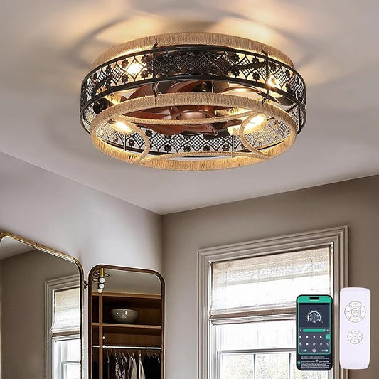 18” Low Profile Boho Nylon Cage Ceiling Fans with Lights and Remote, Black Flush Mount Ceiling Fan, Small Farmhouse Ceiling Fan Lamp Lighting Fixture for Bedroom, Reversible(Bulbs not included)