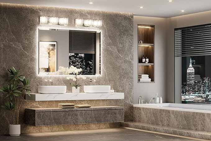 TETOTE 55 x 36 Backlit Bathroom Mirror, Frameless LED Mirror for Bathroom, Tempered Glass, 3 Colors Lights, Defogging, Adjustable Brightness, Smart Bathroom Mirror, Lighted Mirrors for Bathroom Wall