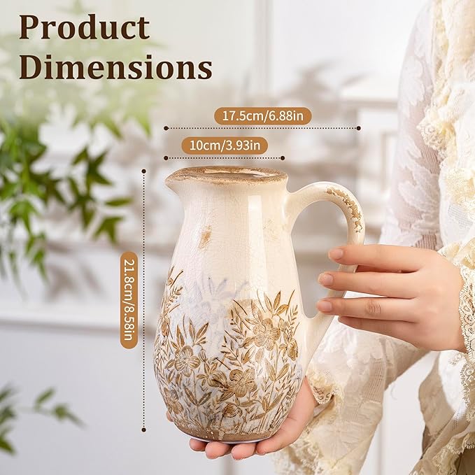 Purple and Borwn Floral Vintage Vase with Handle, French Country Floral Pitcher Vase, Rustic Ceramic Farmhouse Vases for Home Decor, Living Room, Bookshelf, Grand Millennial Tuscan Decor 8.7 in