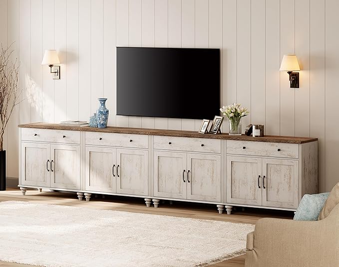 WAMPAT Large TV Stand for 100 inch TV with 8 Doors and 4 Drawers, Farmhouse Wood Universal TV Stand with Storage Cabinets, Entertainment Center TV Console Table for Living Room & Bedroom, Rustic White