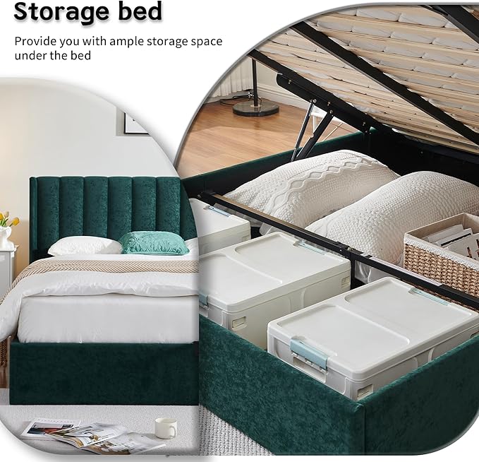 YUHUASHI Queen Size Hydraulic Storage Bed, Upholstered Platform Bed Frame, Modern Wingback Design Headboard, Velvet Fabric with Hydraulic Support Bars, No Box Spring Required (Ink Green, Full)