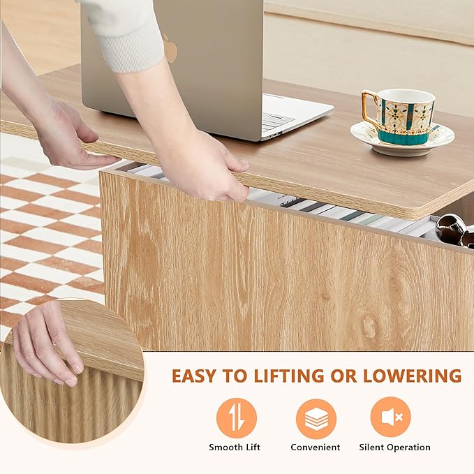 Coffee Table with Lift Top, Fluted Lift Top Coffee Table with Hidden Compartments, Mid Century Modern Rising Dining Center Tables for Living Room Office Small Space (Natural)