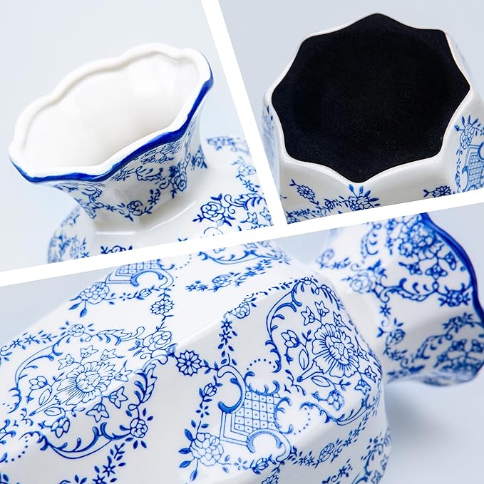 Chinoiserie vase, Blue and White Geometric Pattern Porcelain vase with Wavy Rim, Console Table Centerpiece, Floor Decor, entryway (Large, Mantangchun)