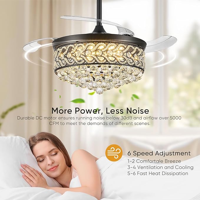 Crystal Fandelier Ceiling Fan with Light, 42" Retractable Ceiling Fans Chandelier Fan with Retractable Blades LED Dimmable Crystal Ceiling Fan Chandelier Fans for Bedroom Living Room etc-Black