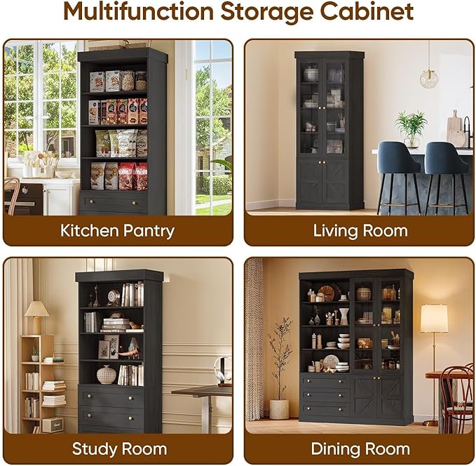 Vyre 71" Tall Farmhouse Bookshelves with Drawers, Large Modular Bookcase with Adjustable Shelves, Storage Cabinet for Living Room, Kitchen, Black, Set of 4