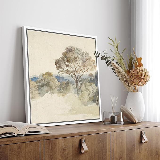 SIGNFORD Framed Canvas Print Wall Art Antique Watercolor Landscape Gentle Trees Nature Wilderness Illustrations Rustic Zen Colorful for Living Room, Bedroom, Office - 16"x16" White