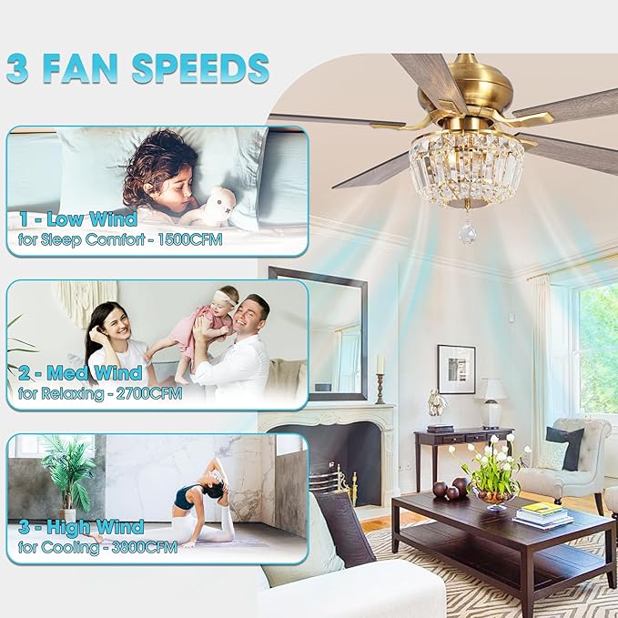 52 Inch Gold Ceiling Fans with Lights and Remote, Modern Crystal Chandelier Ceiling Fan for Bedroom Living Room, Brass Ceiling Fan Light Kit, 3 Speeds, Reversible 5 Blades, Ventilador de Techo con Luz