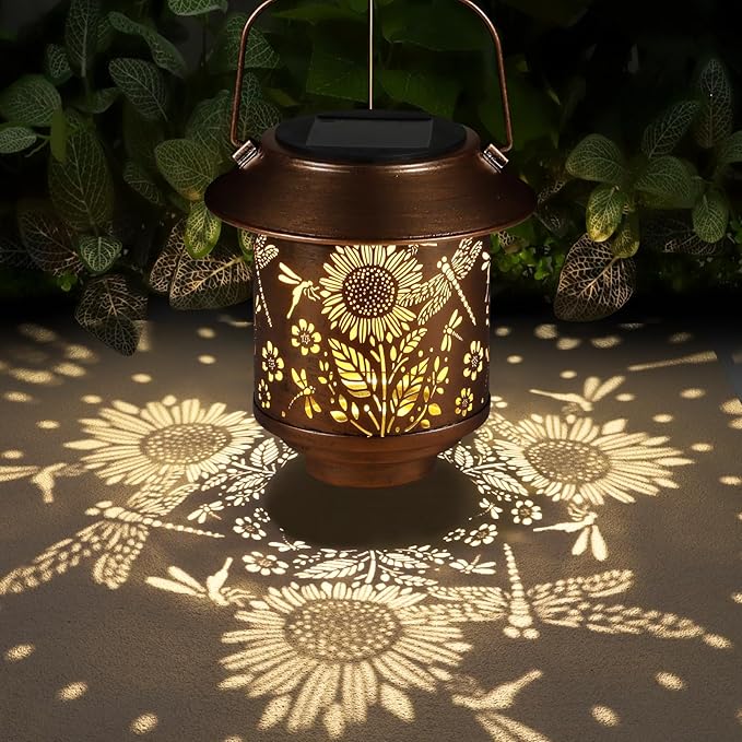 Solar Lantern Outdoor Hanging Sunflower Lights Gifts for Women Mom Metal Garden Decor Outside Waterproof LED Lanterns for Patio(Dragonfly + Sunflower-2pack)