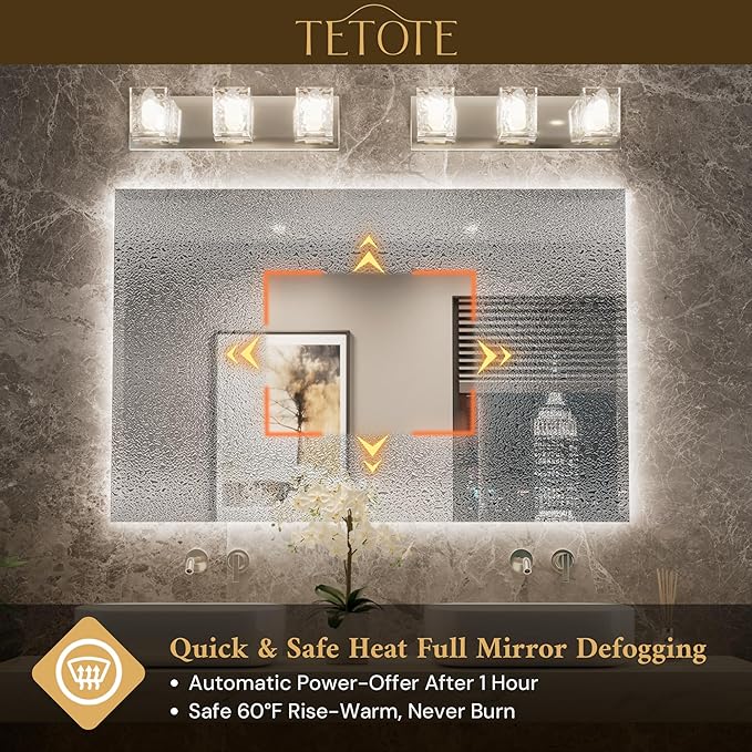 TETOTE 55 x 36 Backlit Bathroom Mirror, Frameless LED Mirror for Bathroom, Tempered Glass, 3 Colors Lights, Defogging, Adjustable Brightness, Smart Bathroom Mirror, Lighted Mirrors for Bathroom Wall