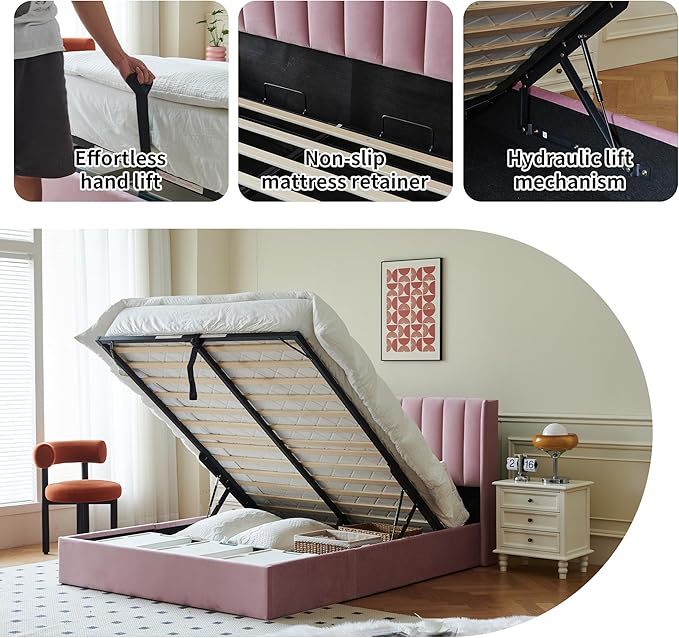 YUHUASHI Queen Size Hydraulic Storage Bed, Upholstered Platform Bed Frame, Modern Wingback Design Headboard, Velvet Fabric with Hydraulic Support Bars, No Box Spring Required (Pink, Queen)