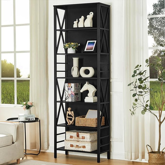 HOMISSUE Bookshelf, 7-Tier Bookshelf, Rustic Wood Metal Bookshelves and Bookcases, Freestanding Open Bookshelf, Industrial Tall Bookcase for Home Office, Living Room and Bedroom, Black
