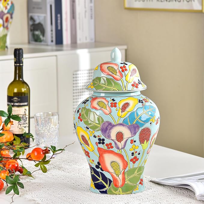 Sungmor Decorative Ceramic Ginger Jar with Lid, Floral Pattern Porcelain Temple Storage Jar, 14" Hand Painted Ceramic Flower Vase for Centerpiece, Blue Glazed Vase for Flower Arrangement, Home Decor