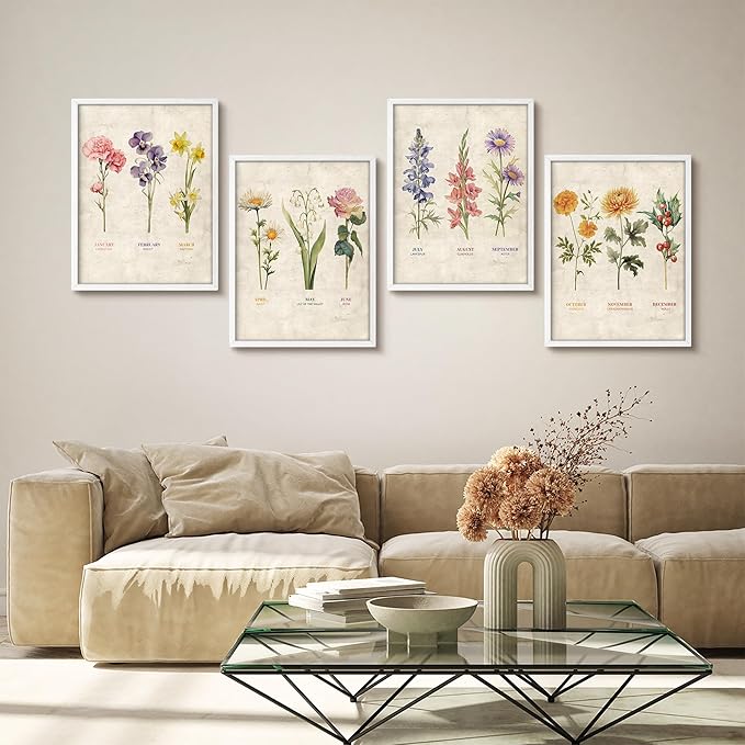 SIGNWIN Framed Set Vintage Floral Birth Month Botanical Prints Antique Flower Illustrations Modern Art Decorative Scenic Multicolor Nature Wilderness for Bedroom - 8"x10"x 4 White