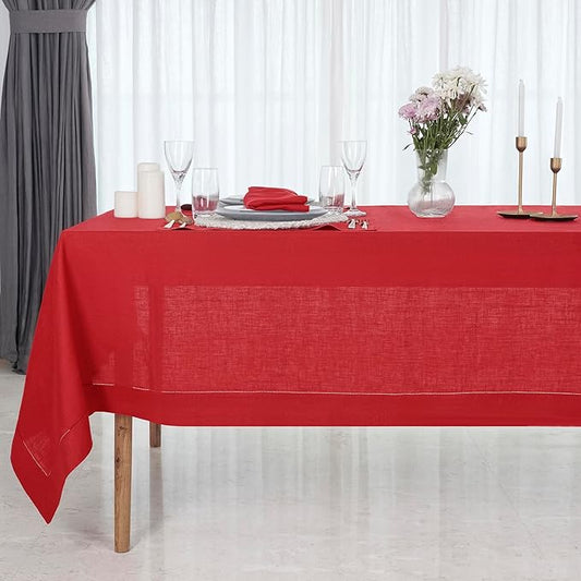 D'Moksha Homes Bright Red Linen Tablecloth for Rectangle Tables 60 x 90 Inch - 100% Pure Linen Red Table Cloth - Classic Hemstitch, Machine Washable Tablecloth for Christmas, Holiday