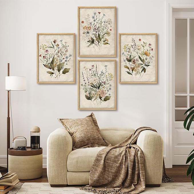 SIGNWIN Framed Set Vintage Wildflower Bouquet Antique Botanical Illustrations Modern Art Decorative Scenic Multicolor Nature Wilderness for Bedroom - 8"x10"x 4 Natural