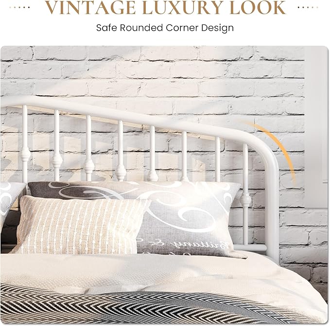 SHA CERLIN King Size Metal Platform Bed Frame with Victorian Style Wrought Iron-Art Headboard/Footboard, No Box Spring Required, White