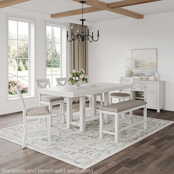 Signature Design by Ashley Robbinsdale Farmhouse Distressed Counter Height Dining Extension Table with Trestle Base, Planked Effect and 2 Removable End Leaves, White