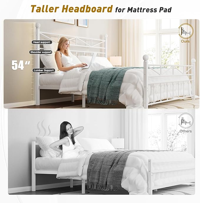 EnHomee 54" Metal King Bed Frame with Tall Headboard & Footboard, LED Light King Bed Frame, Strong Metal Slats Support and Noise-Free Design with Under Bed Storage/No Box Spring Needed/White