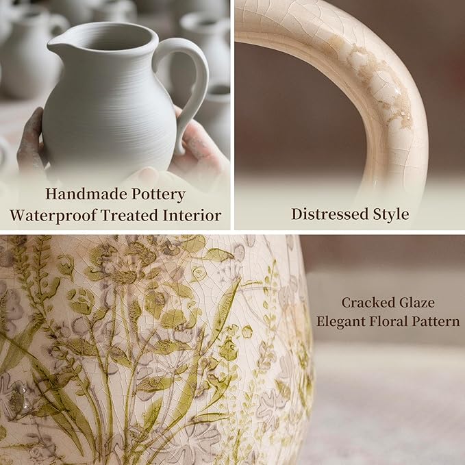 Vintage Green and Beige Ceramic Pitcher Vase with Handle, Farmhouse Floral Decorative Vase, Rustic Table Centerpiece for Home Decor, Living Room, French Country Grand Millennial Decor 8.7 in