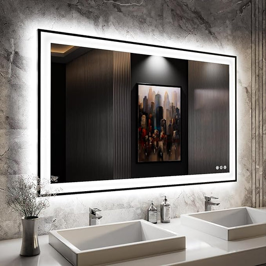 ISKM Framed LED Mirror for Bathroom 48"x30", Dimmable LED Bathroom Mirror with Lights, Anti-Fog, Front and Backlit Lighted Mirror 3-Colors, Shatterproof, Memory Function