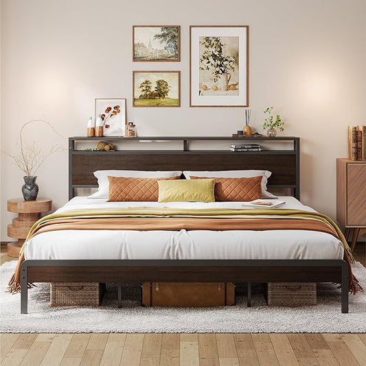 LIKIMIO King Bed Frame with Headboard, Dark Wood Camas King with Strong Supports, Sturdy, Noise-Free, No Box Spring Needed, Dark Brown
