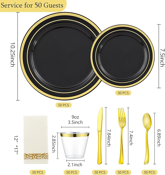 350 PCS Black and Gold Dinnerware Set for 50 Guests, Black Christmas Disposable Plates with Gold Rim for Party -50 Dinner Plates, Dessert Plates, Silverware Set,Napkins and Cups