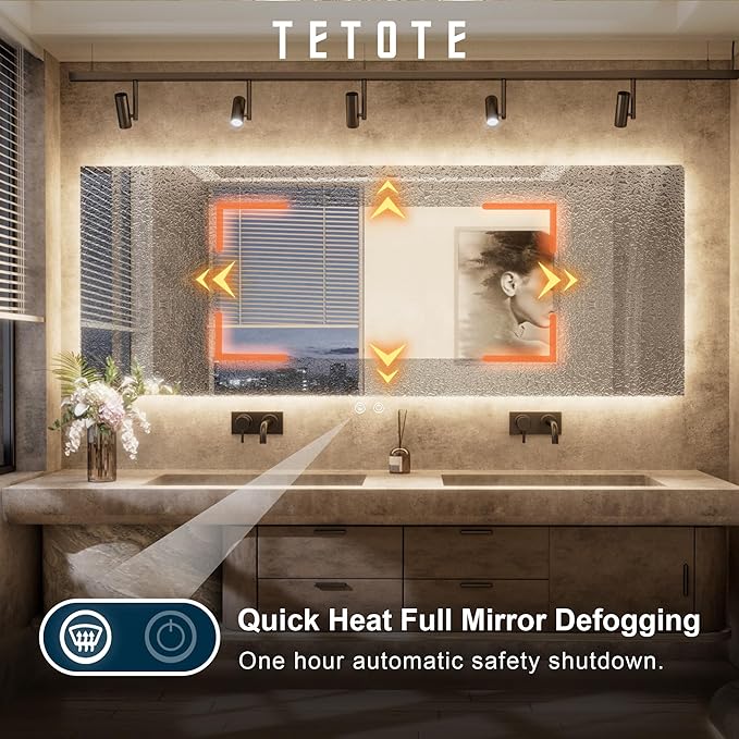 TETOTE 60 x 36 Inch LED Backlit Bathroom Mirror with Lights, 3Color White/Warm/Natural, Anti-Fog Lighted Mirror,Dimmable,Vanity Mirror,Wall Mounted