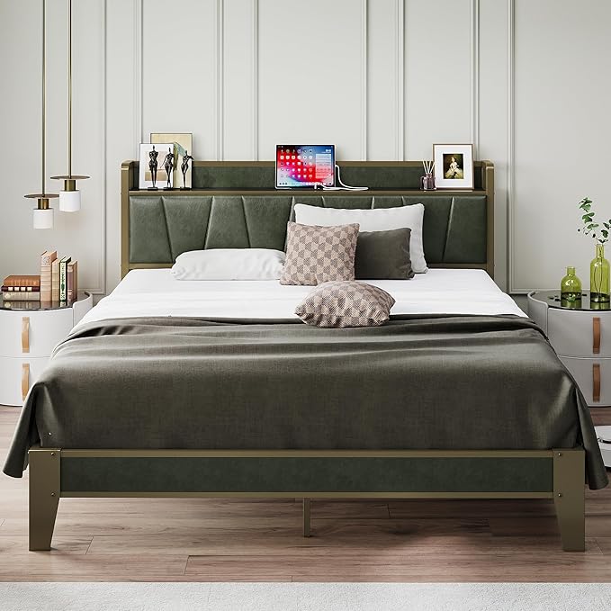 LIKIMIO Full Bed Frame, Storage Headboard with Charging Station, Solid and Stable, Noise Free, No Box Spring Needed, Easy Assembly (Dark Green)