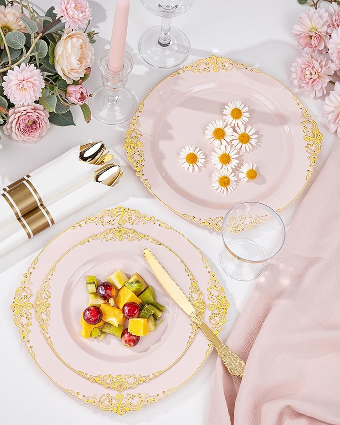 Nervure 100PCS Pink and Gold Plastic Plates - 7.5 inch Pink Plastic Plates with Gold Rim - Disposable Dessert Plate for Wedding & Party & Christmas