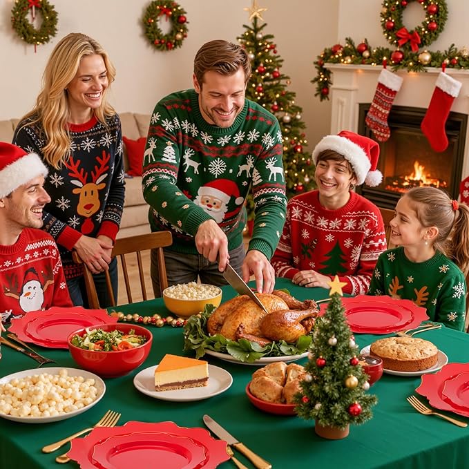 WDF 175Pcs Red Plates - Red Plastic Plates with Gold Rim - Fancy Disposable Dinnerware Sets Ideal for Party/Wedding/Christmas