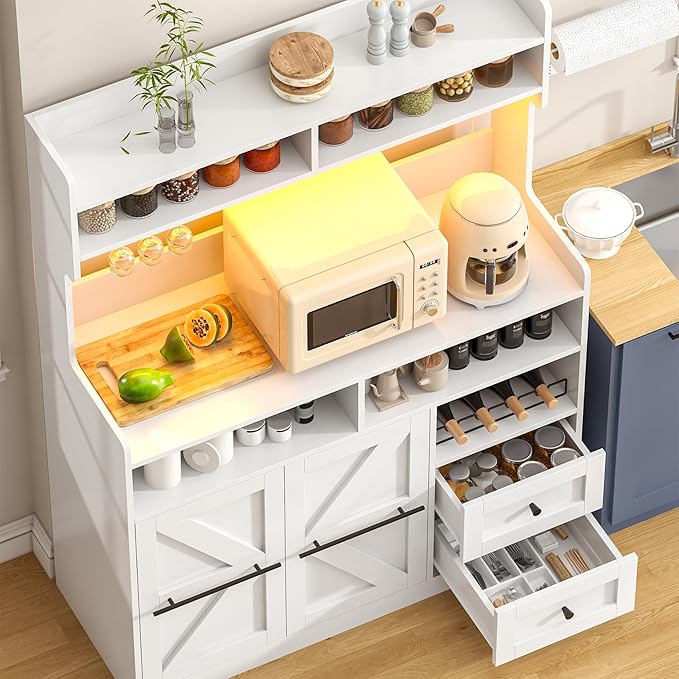 Hutch Storage Buffet Cabinet with Drawers, and Charging Station, Coffee Bar Cabinet with Barn Doors, Wine Rack and Hooks, White Wood Sideboard Buffet for Kitchen, Dining Room, 54.5" High