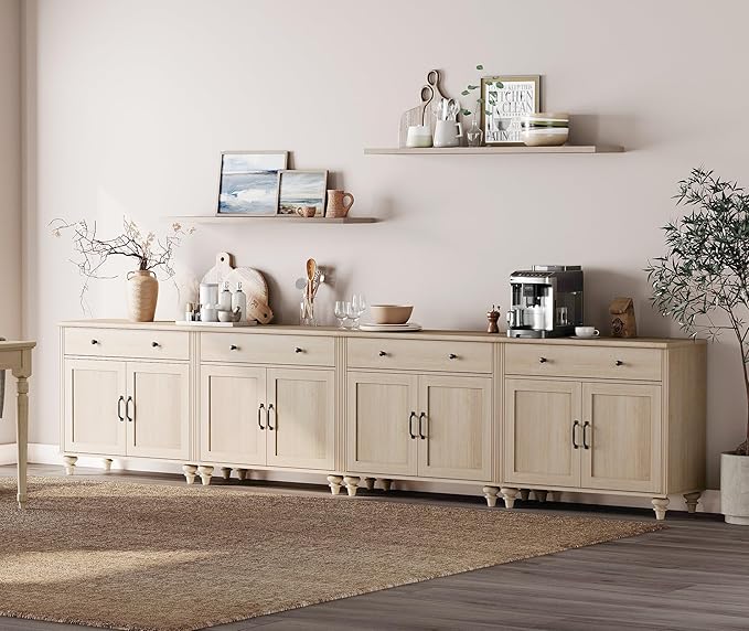 WAMPAT Farmhouse TV Stand for 85 inch TV with 8 Doors and 4 Drawers, Wood Universal TV Stand with Large Storage Cabinets, Beige Entertainment Center TV Console Table for Living Room, Bedroom