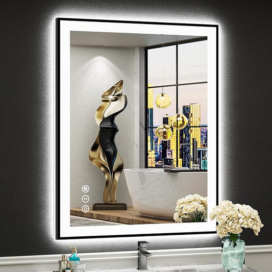 28x36 Black Framed LED Bathroom Mirror with Lights, Backlit & Front Lit, Anti-Fog Lighted Vanity Mirror for Bathroom Wall, 3 Colors, Dimmable, Memory, HD Tempered Glass, Horizontal/Vertical