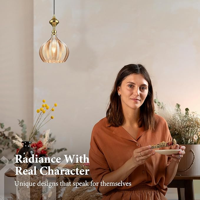 Modern Glass Pendant Light, 9"x15.3" Amber Sunset-Striped Hanging Fixture with Gold Cap, 15"-72" Adjustable Line, E26 Socket for Entryway or Bar Area – Sunset Gold Chalice